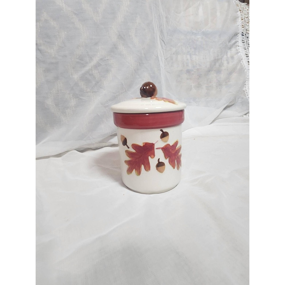 Autumn Harvest Ceramic Canister with Acorn Lid Fall Leaves Kitchen Decor